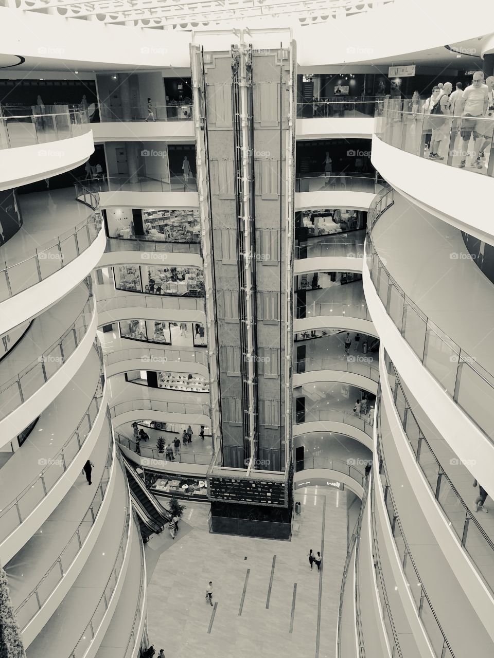 Interiors mall shopping center elevator panoramic view 