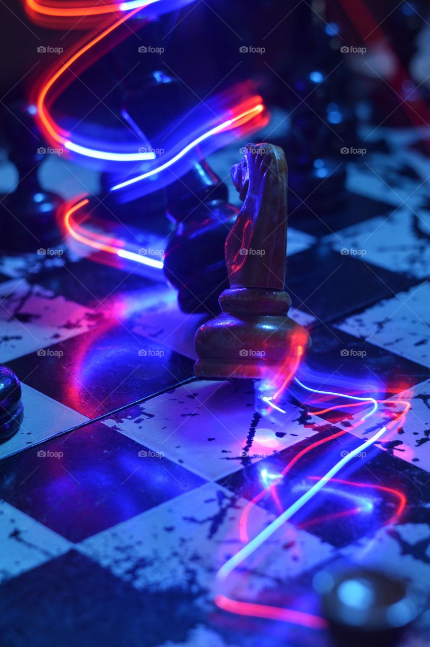 chess board horse fight with spark queen and neon glow