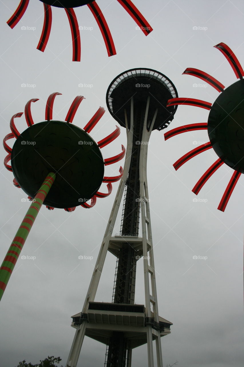 Architecture and Art collide against the grey Seattle sky.