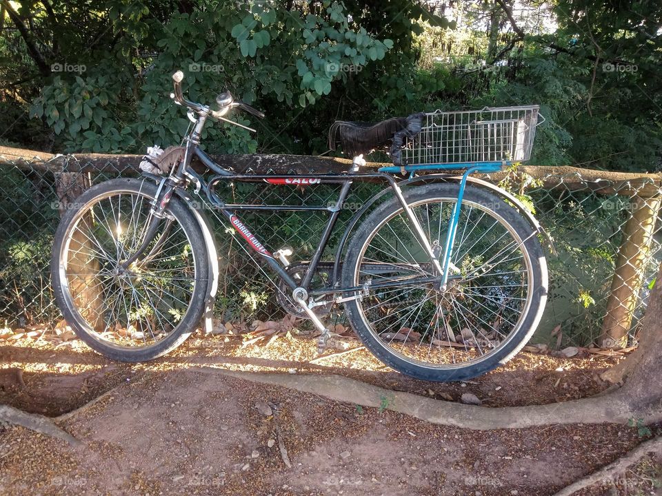 A bicycle left by a fence by a city river