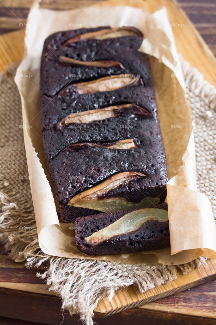 chocolate pear cake close up