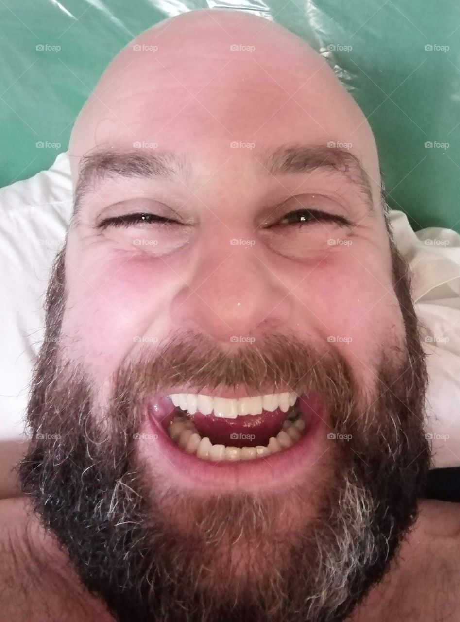 man laughing after three months lock down