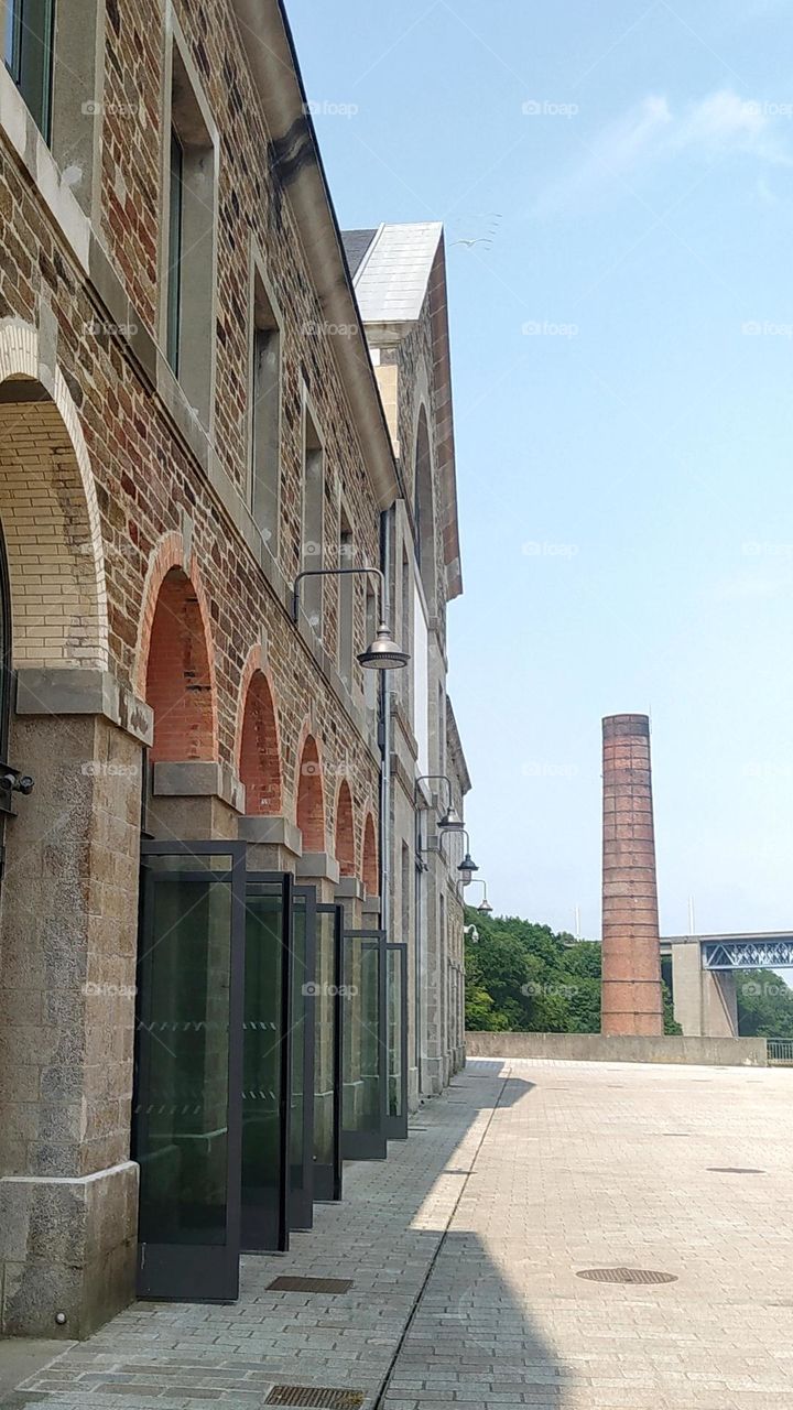 Exterior of a former industrial site renovated and rehabilitated into a multicultural place "les ateliers des Capucins" in Brest, Brittany, France.