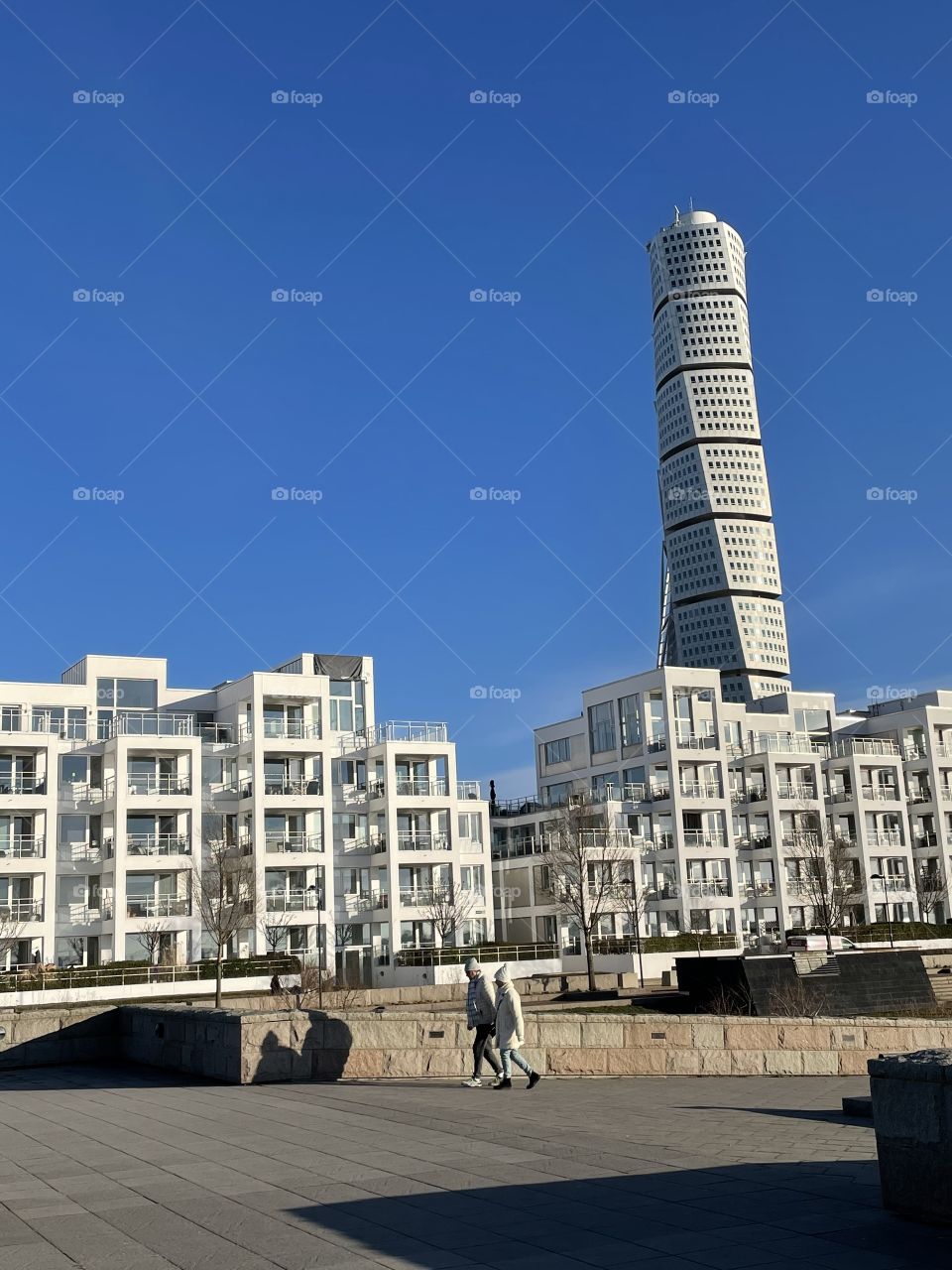 City skyline, Malmö, Turning torso - white buildings with blue sky