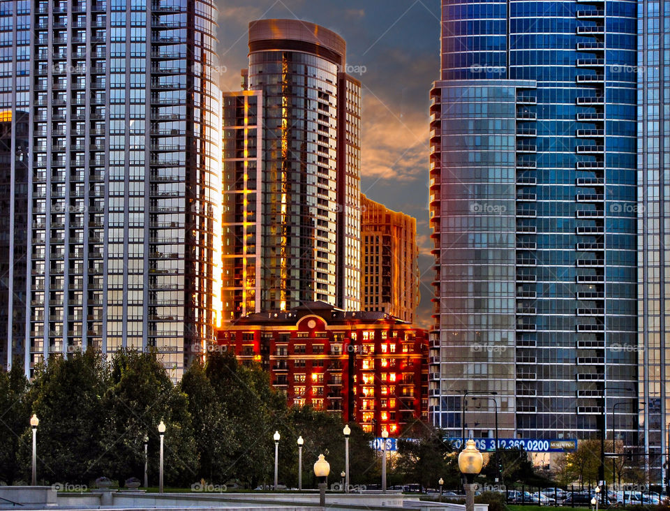 sunset buildings chicago illinois by landon
