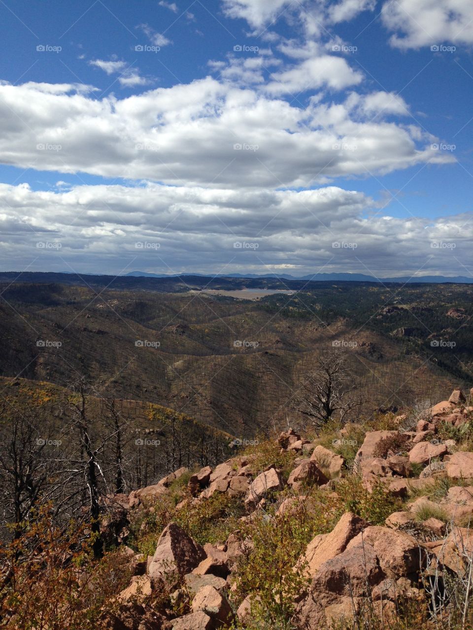 Rampart reservoir from top of Blodgett peak with Waldo Canyon burn scars