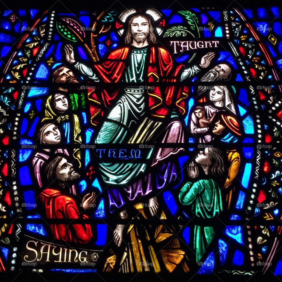 Jesus teaches the disciples. Stained glass window at Westminster Presbyterian Church in Minneapolis, Minnesota 