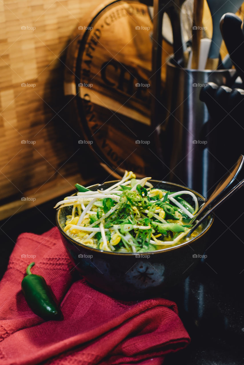 healthy hearty ramen soup with tons of vegetables