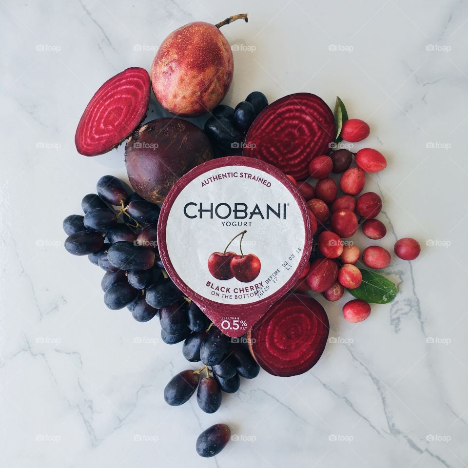 CHOBANI Flat Lays : Chobani Cherry with healthy red ingredients.