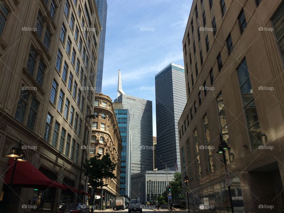 Downtown Dallas interior. Street level view of the Dallas Skyline