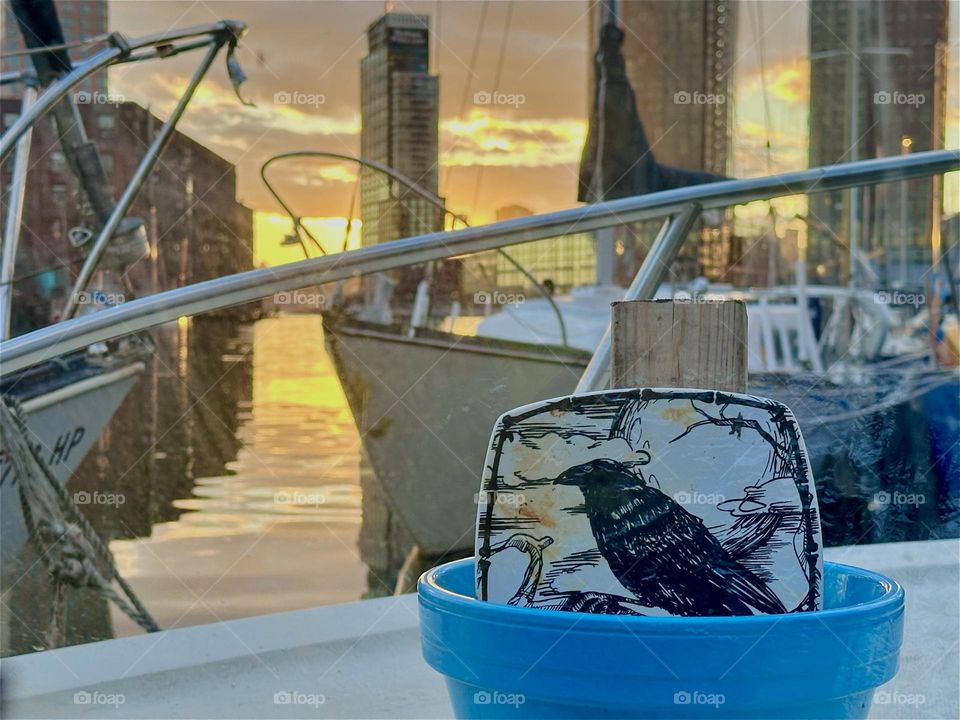 This is “Newtown Creek” by the “Pulaski Bridge” in LIC, Queens at sunset time seen from aboard “Salvation”, the “28 foot 1969 Luhrs” cabin cruiser that I and my partner “Timothy Trespas” call home. 2024. Hypnotic Productions