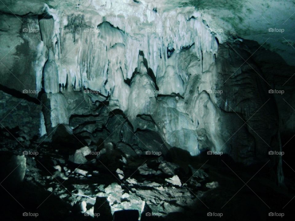 Inside the cave with cold lighting