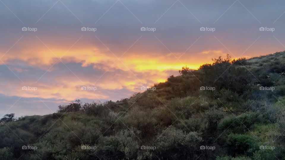 January sunset, SoCal sunset, pretty clouds, sunset over the mountain finally green from some much needed rain