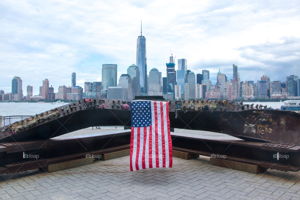 911 Memorial with Steel Beam and Flag