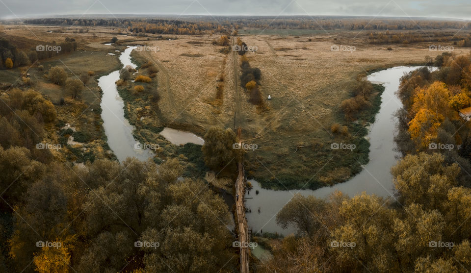 Orthodox Church on a river, autumn aerial landscape, Russia, Vladimir region 