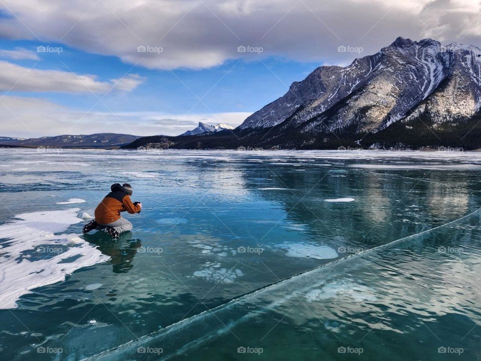 Getting that perfect Foap shot. Capturing the methane bubbles in the ice on Lake Abraham in Alberta Canada