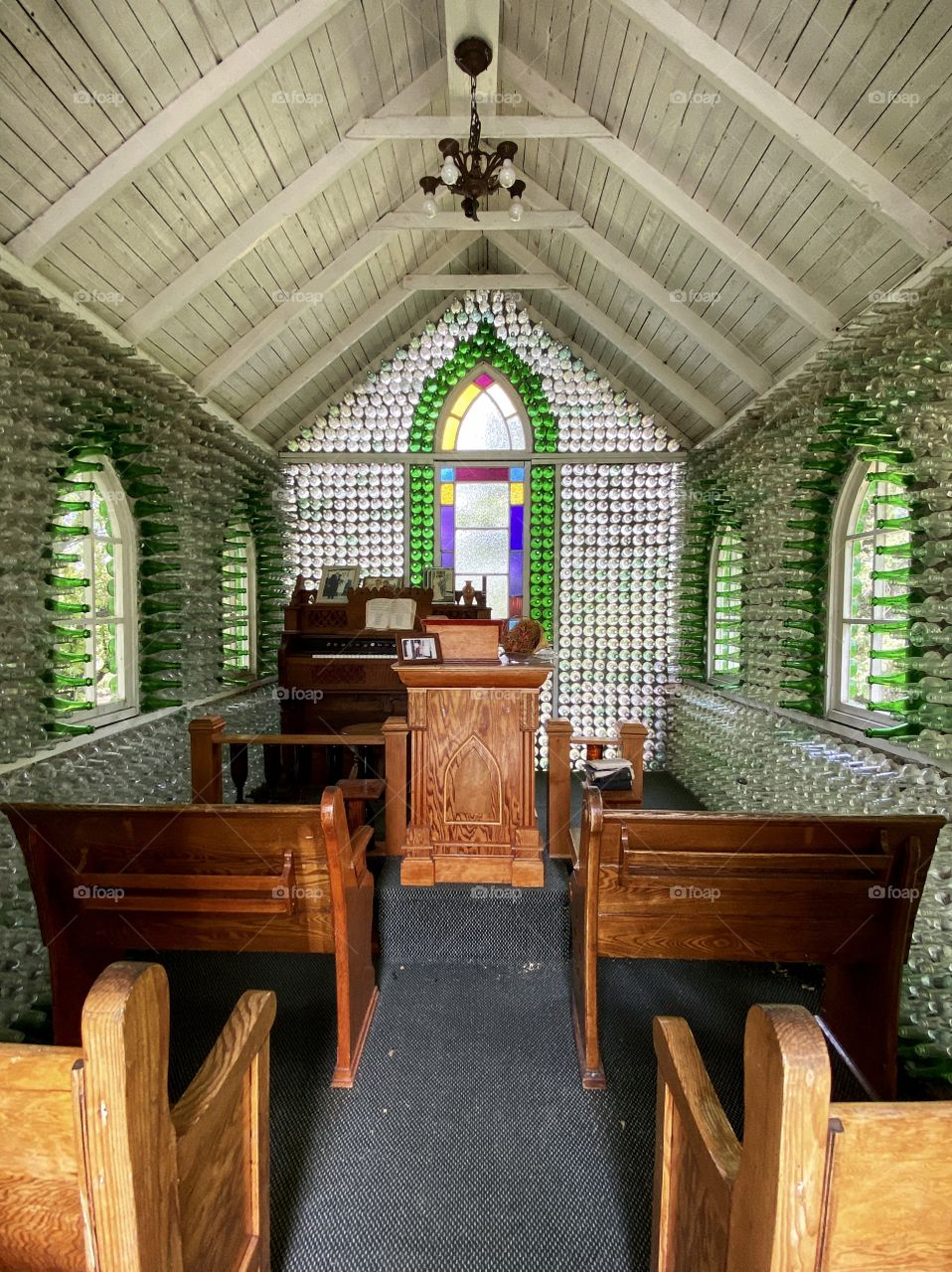 Inside a glass bottle church 