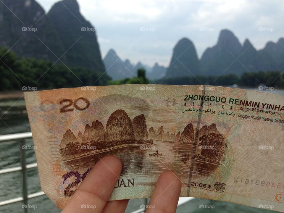 The same landscape in real life as on the 20 RNB bill, Chinese money.