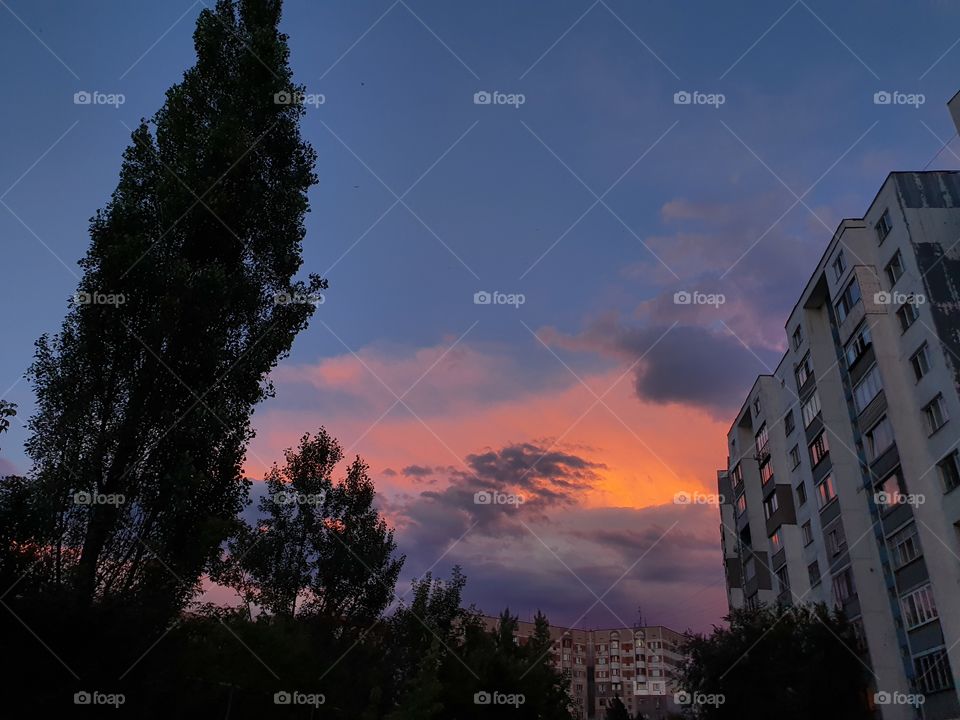 urban sunset with drammatic sky, buildings and trees