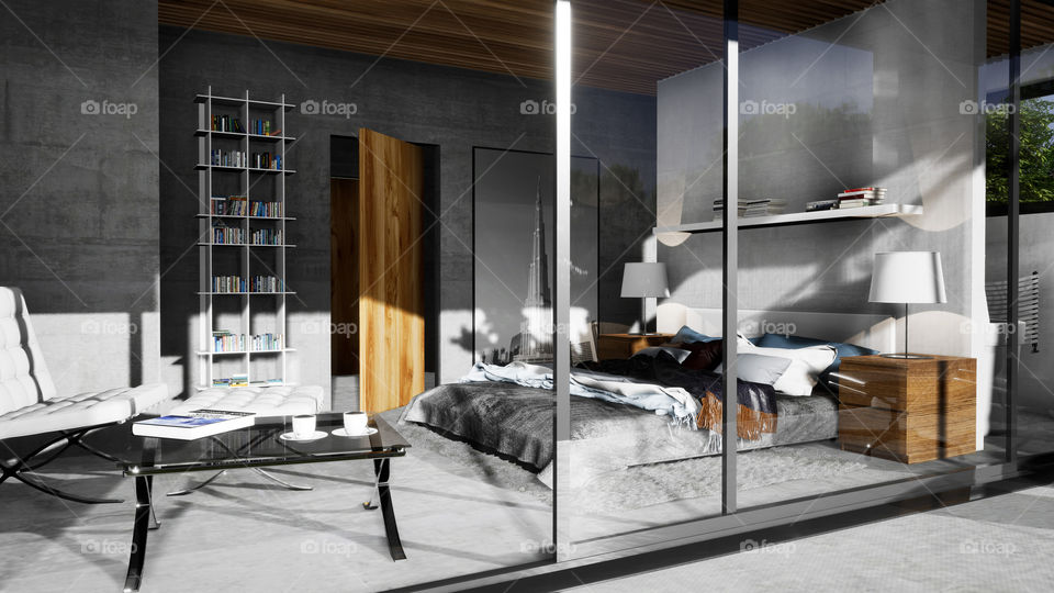 3D visualization - design of modern interior, bedroom with visible concrete walls in white villa.

Clean design and materials.
