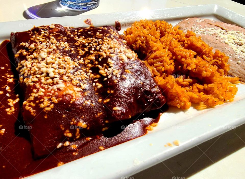 Chicken mole enchiladas with rice and beans, rich mole sauce that will make you want to slap your mama 