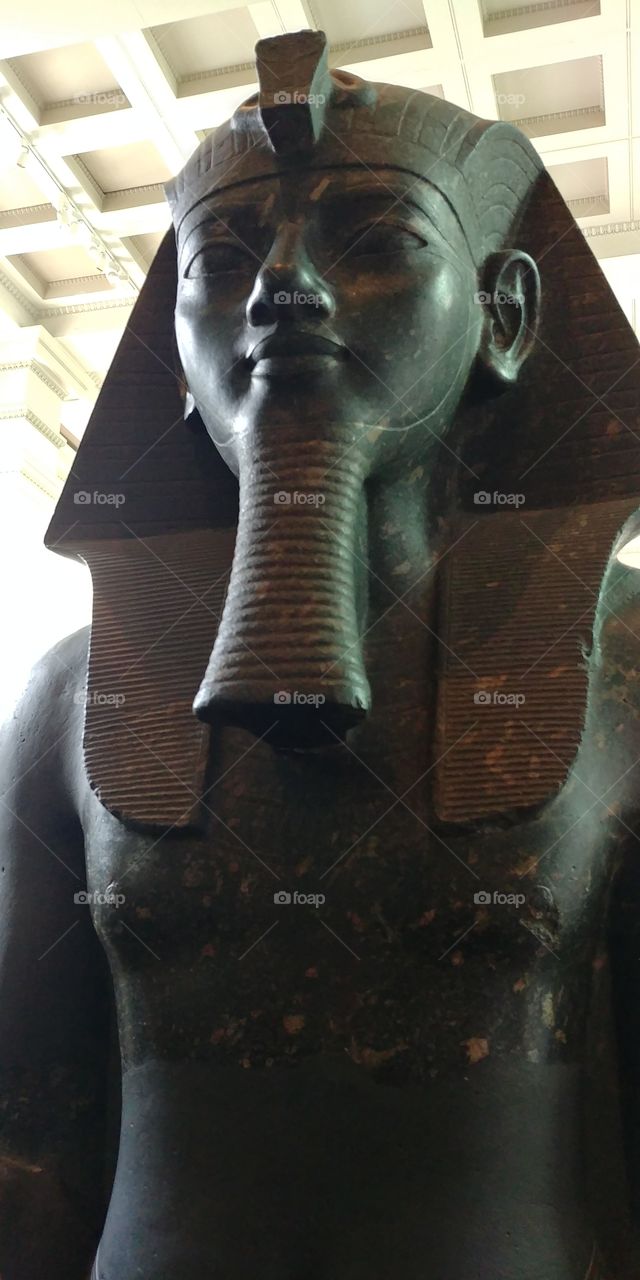 large stone statue of Egyptian pharoe in museum