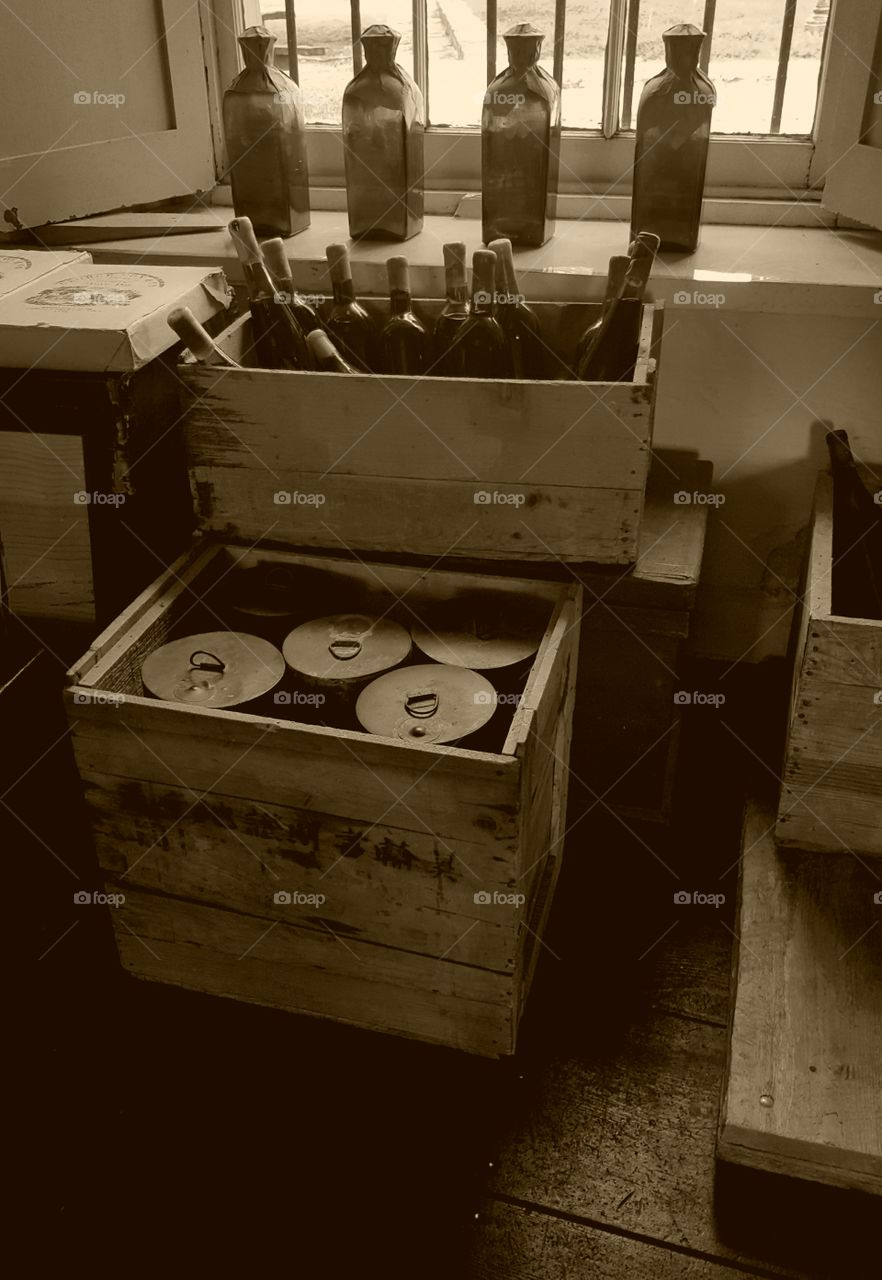 a recreation of an old storage or store room in a museum. The building was an original adobe building built in the 1700s in Monterey, Ca
