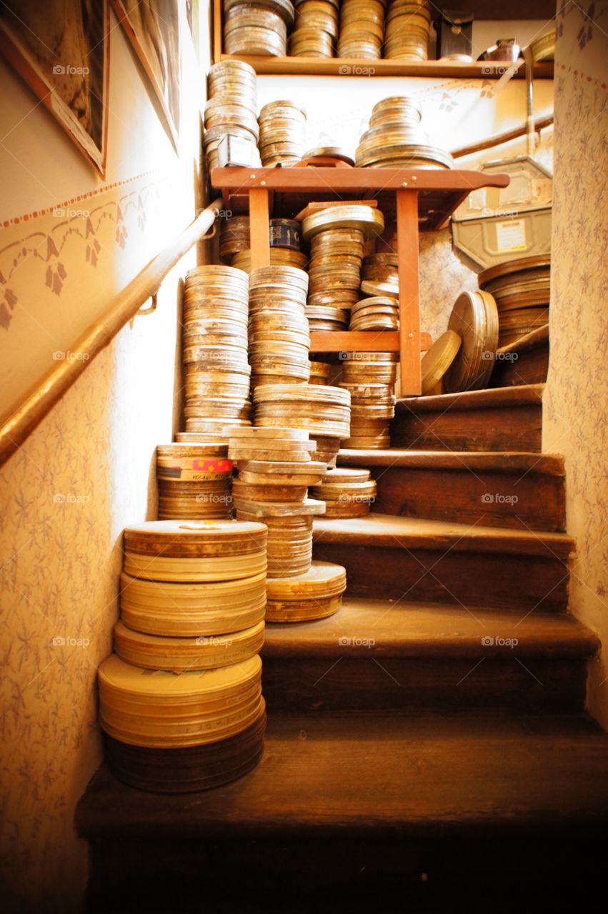 Stairs with reels. Golden Lane in Prague