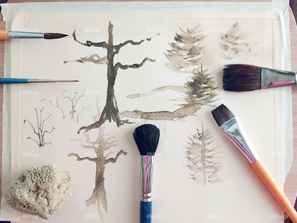Arts & Crafts Supply - watercolor brushes and natural sponge on watercolor paper with sample strokes of each brush with sepia pigment