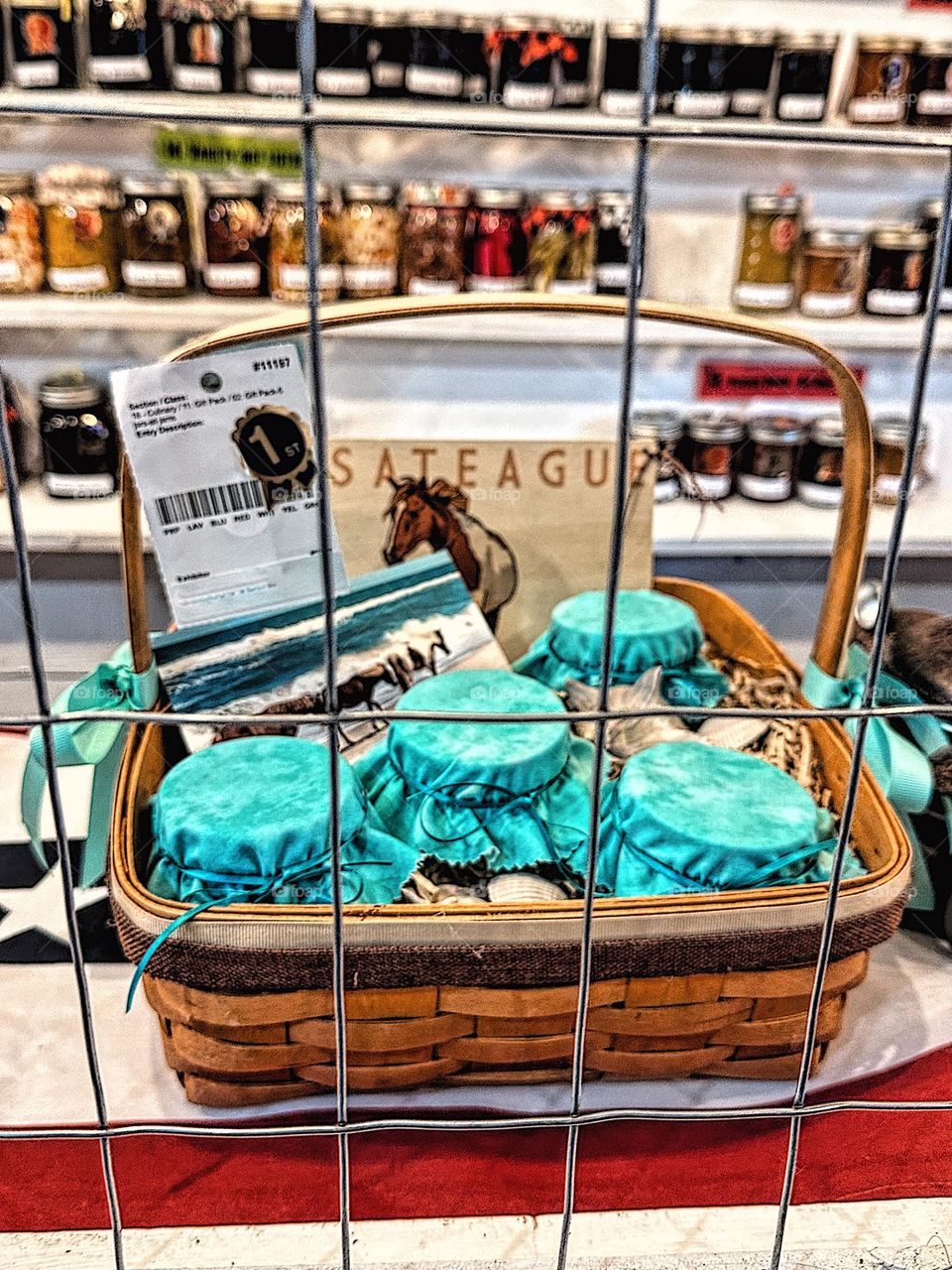 Award winning basket of jelly and jam in the state fair, winning prizes with crafts, first place prize winner, entering jams into state fair competition, fair winner in jelly and jam category, Asateague park themed basket 