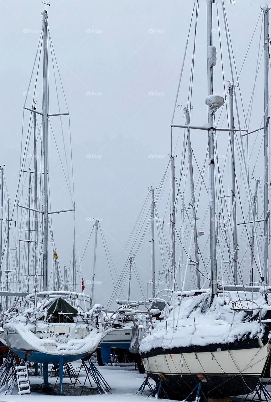 Sailboats in dry dock in winter 