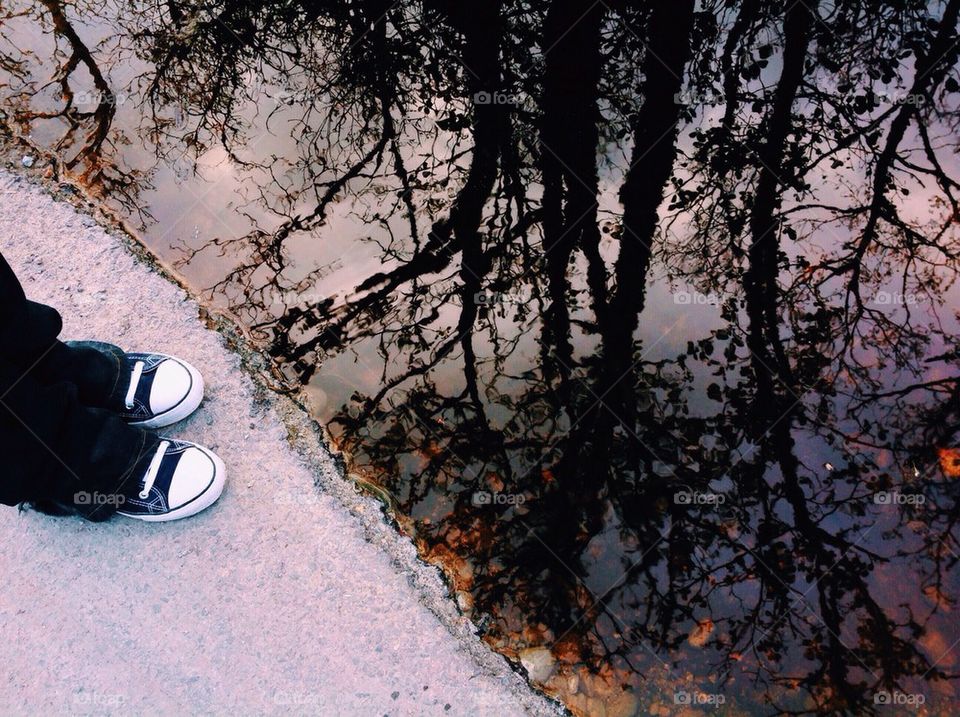 Standing by puddle tree reflection