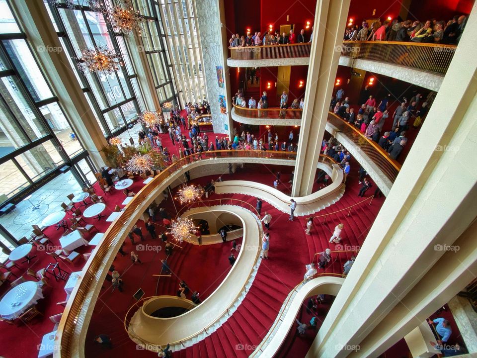 The central staircase at the Metropolitan Opera House in New York City
