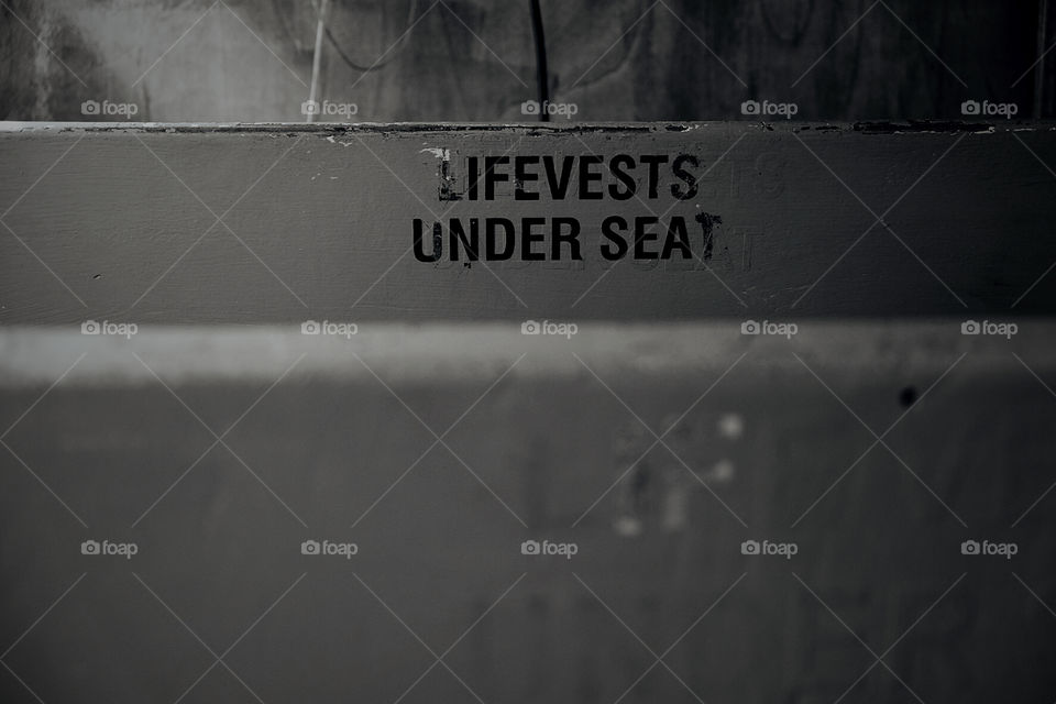 Life Vests Under Seat, Monochromatic Boat Image, Sea Photography, Nautical Black And White Image, Life Vests, Flotation Device, Life Saving Equipment, On A Boat 