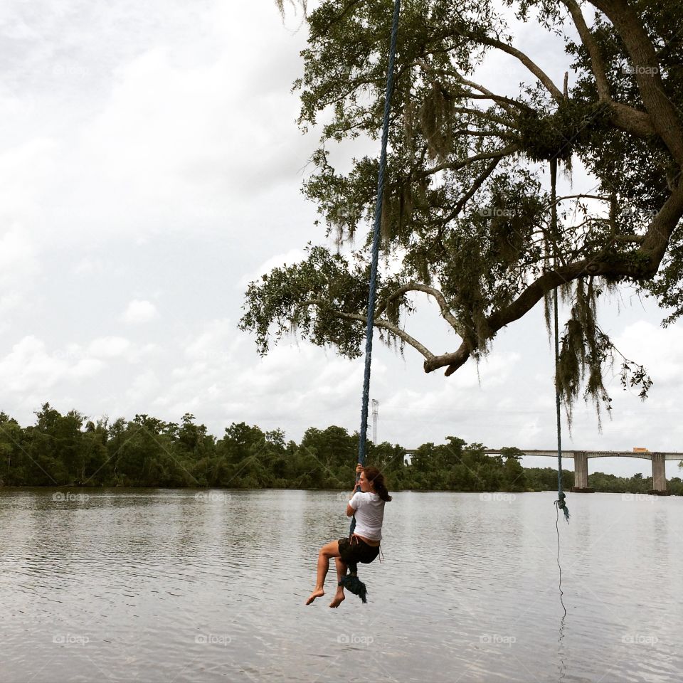A rope swing over the lake, a great summer day! An old tree with a rope swing attached, swinging out over the water. 