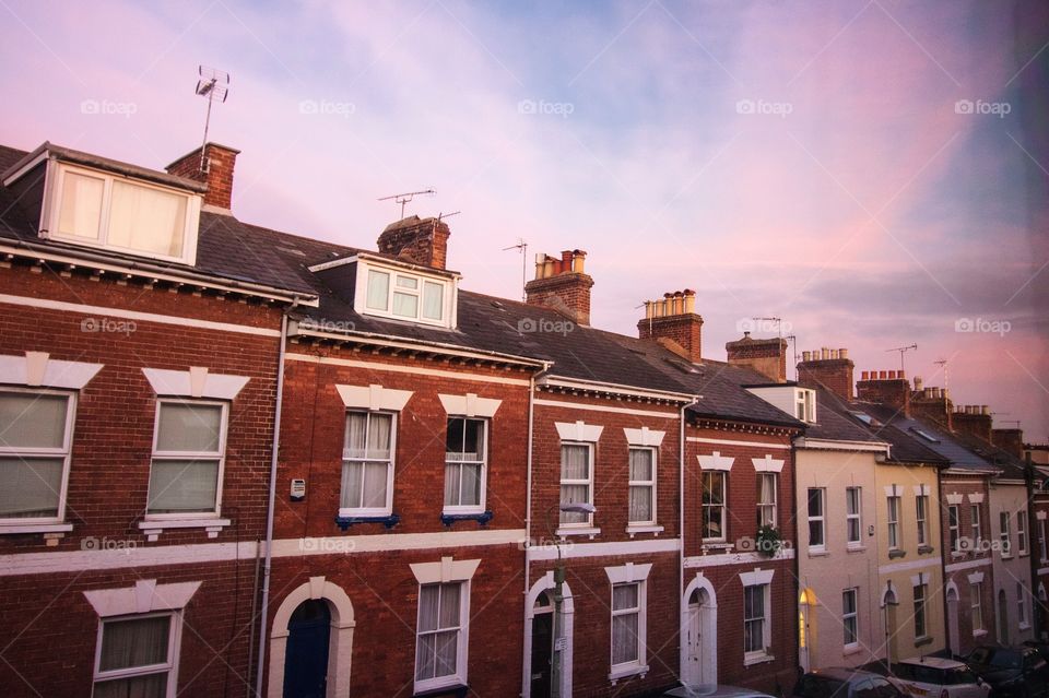 Street in Exeter, Devon, UK at sunset 