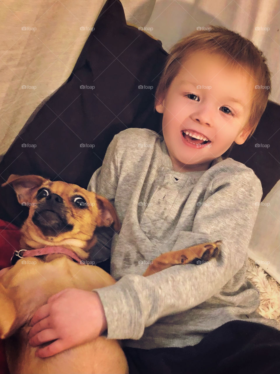 Happy little boy and a crazy wide eyed pup