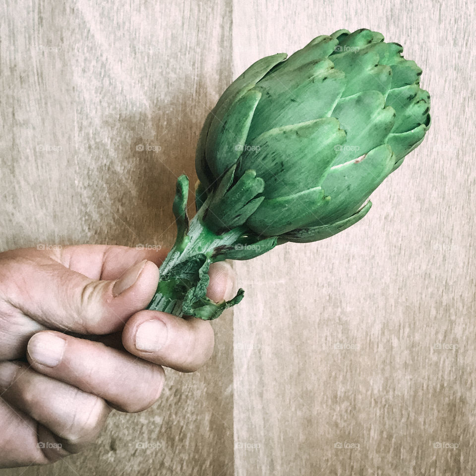 Hand holding artichokes 