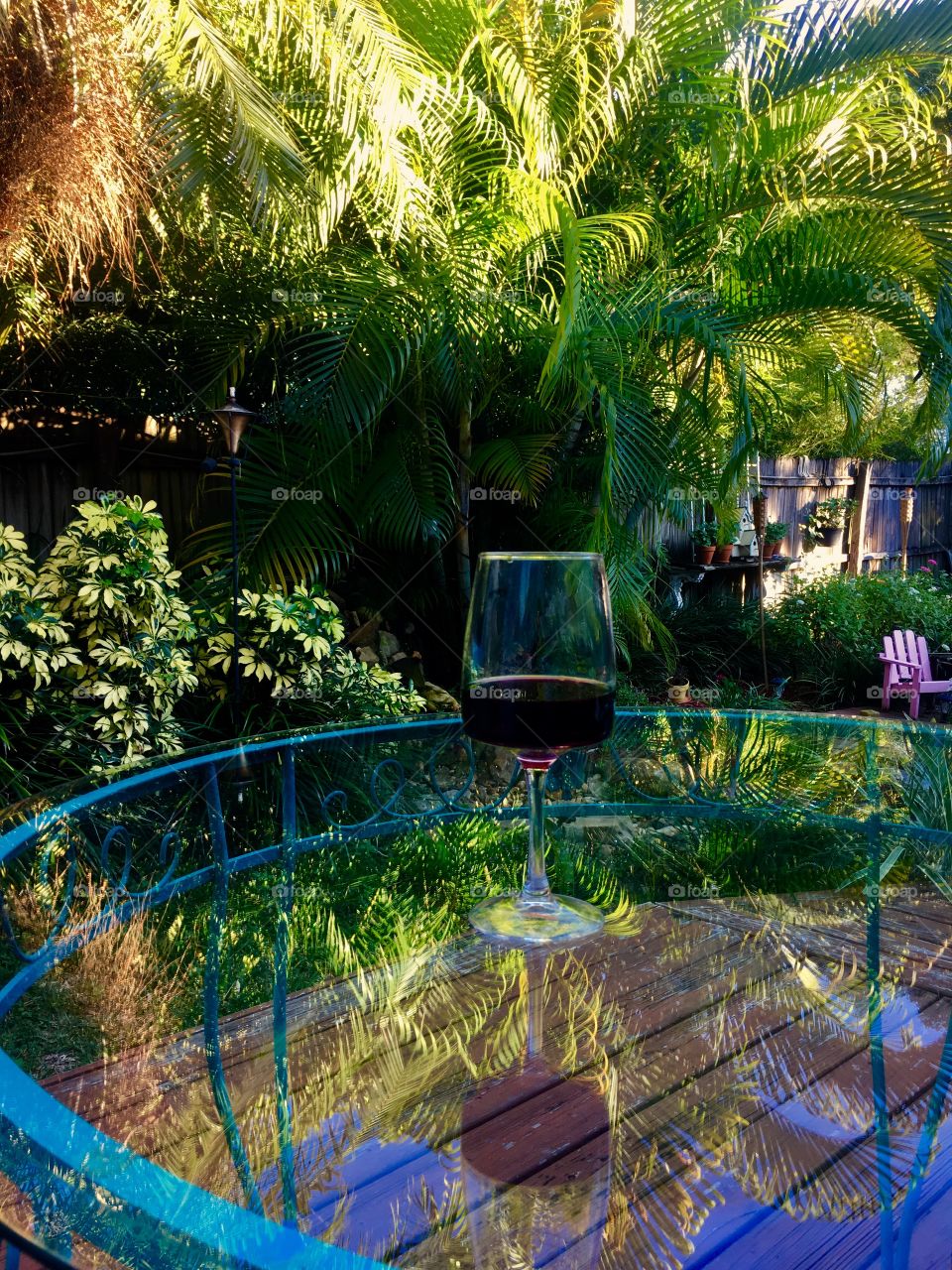 Incredible reflections off of a table with a glass of wine and a tropical backyard. 