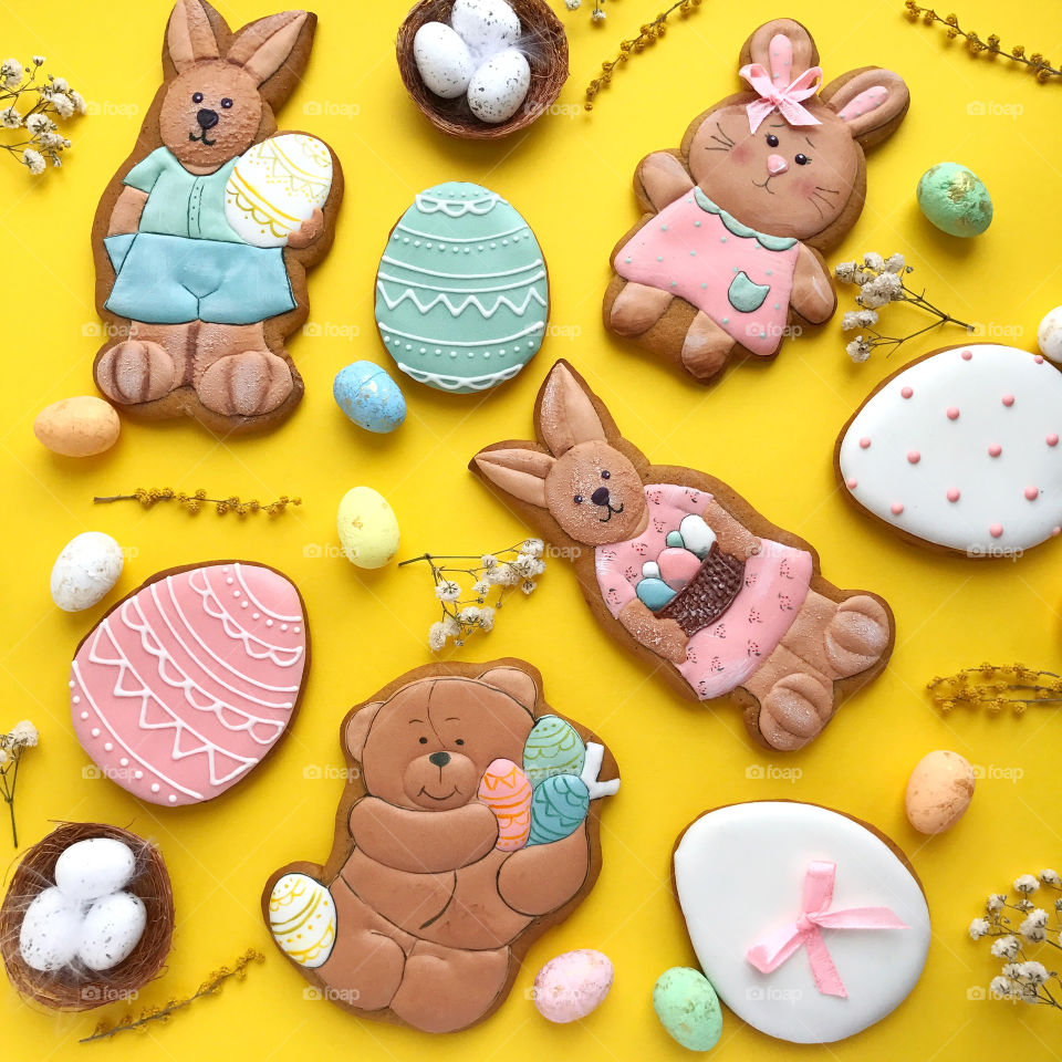 Happy Easter cookies. Rabbit and eggs