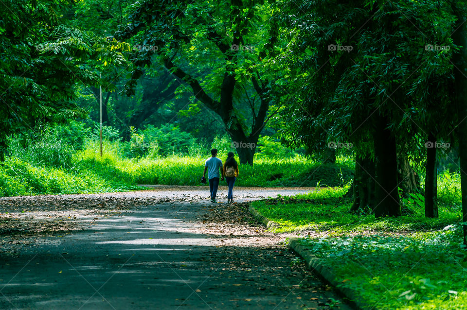 Portrait of two joyful young loving Couple walking in a green autumn park on a romantic summer day. Pre-wedding marriage engagement concept. Togetherness composition. Botanical garden, Kolkata, India