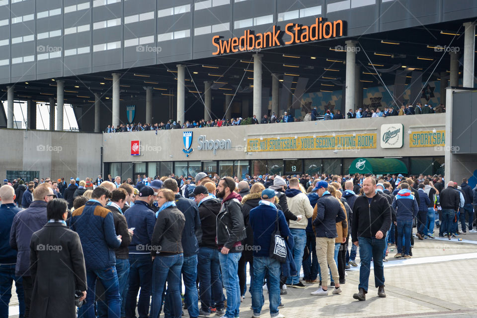 Swedbank Stadium arena in Malmö Sweden. Football game premiere with Malmö top team Malmö FF, start for the football season.