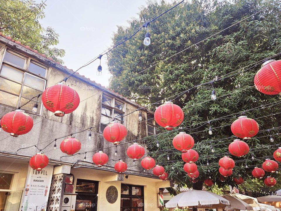 Nostalgic building hanging lanterns