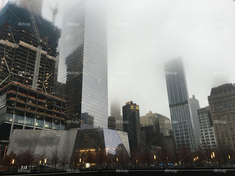 New York City near Ground Zero on a foggy day