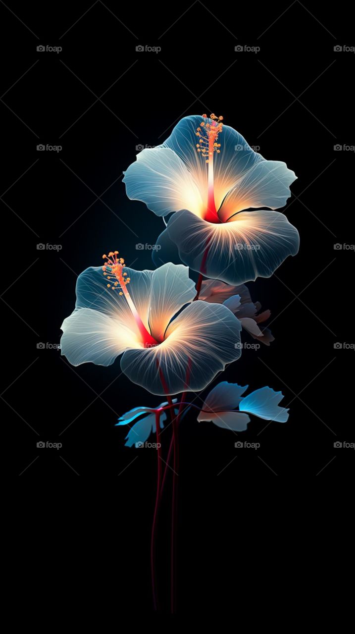 blooming light blue flowers on dark background in the style of luminescent lightscapes