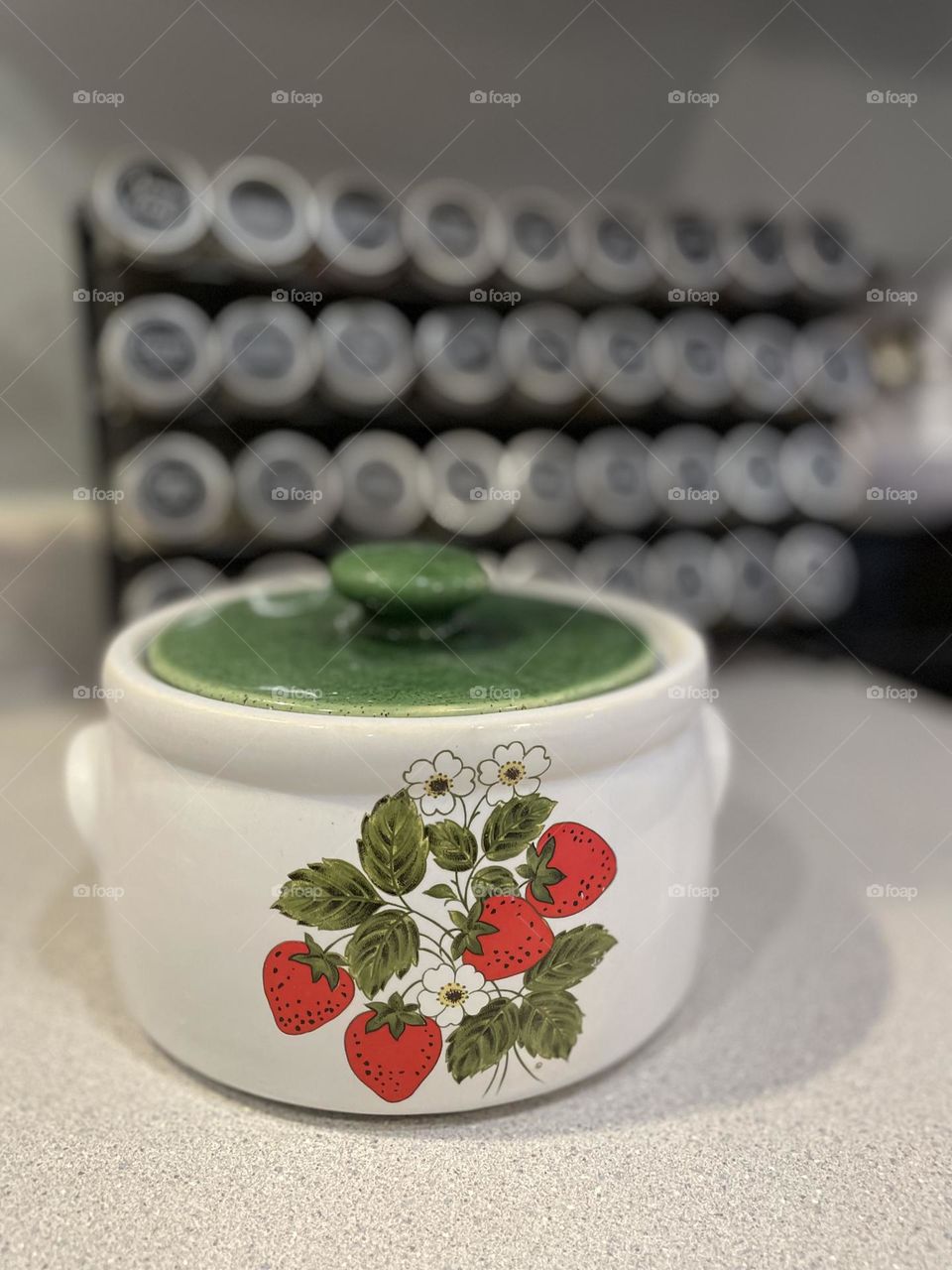 Strawberry cookie jar, cookies in the cookie jar, finding the cookie jar empty, looking for cookies, strawberry kitchen decor