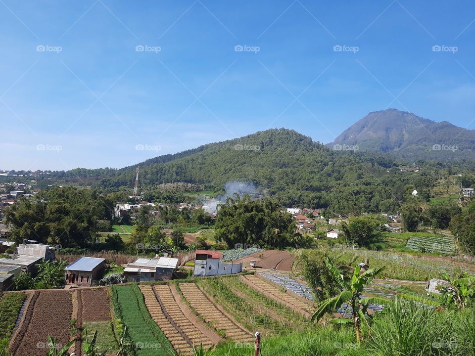 a village under a hill and a mountain