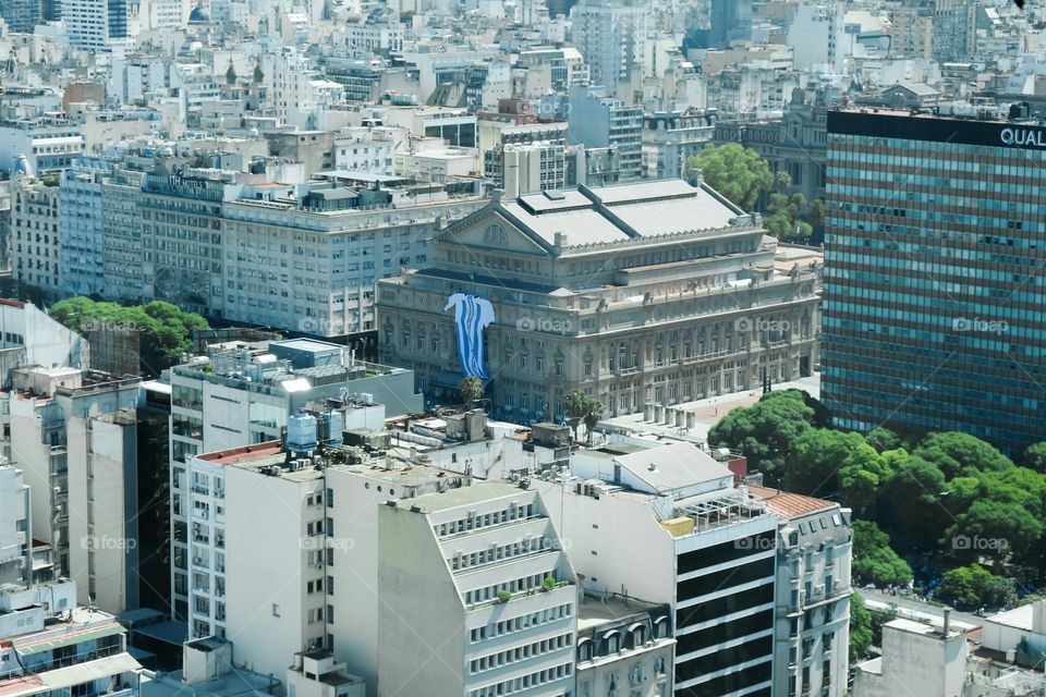 Buenos Aires, 18.12.2022: A giant t-shirt of the Argentine national football team hangs at the Teatro Colon