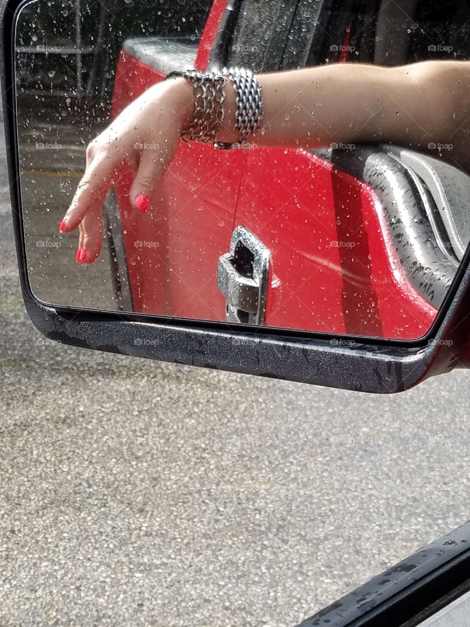 red truck mirror girl
