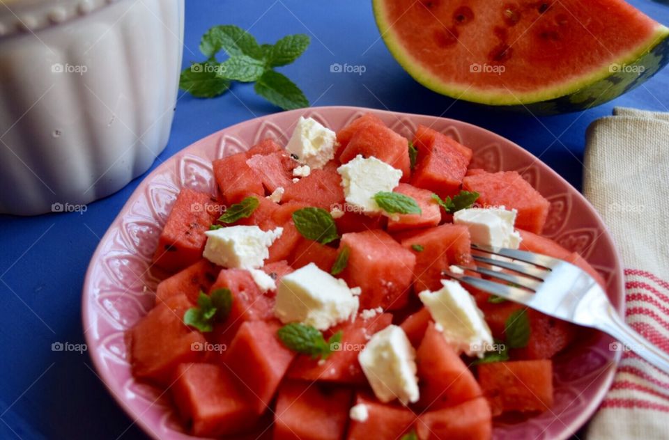 Watermelon with cheese slice salad